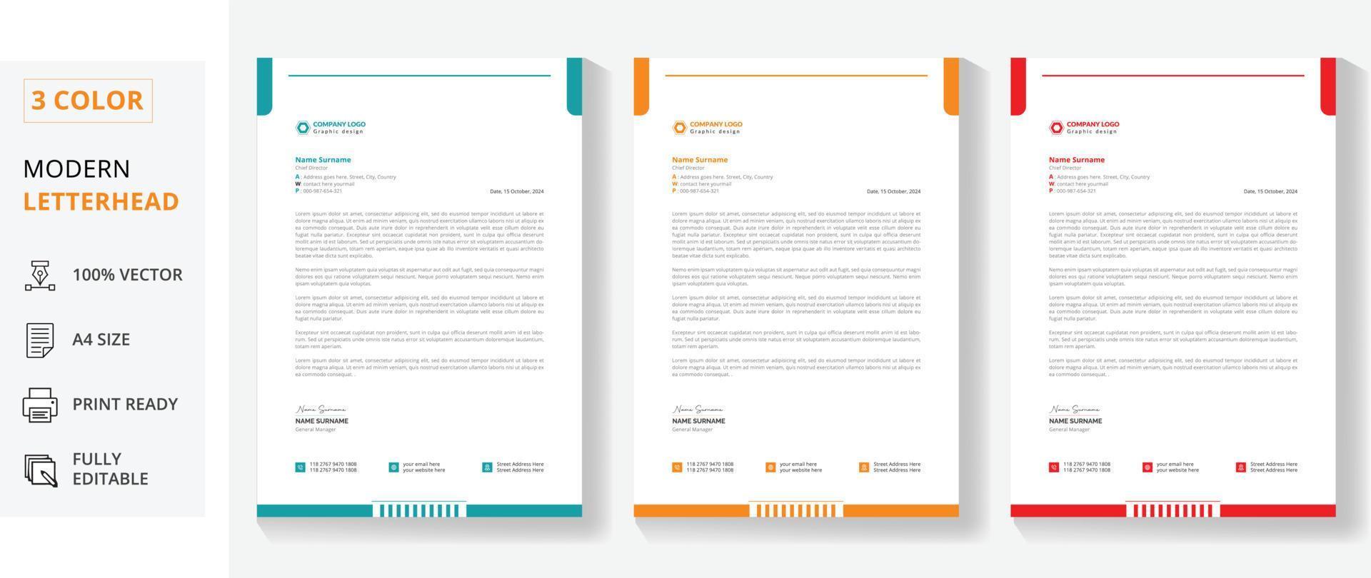 creative business letterhead template free vector with 3 color blue, orange, red