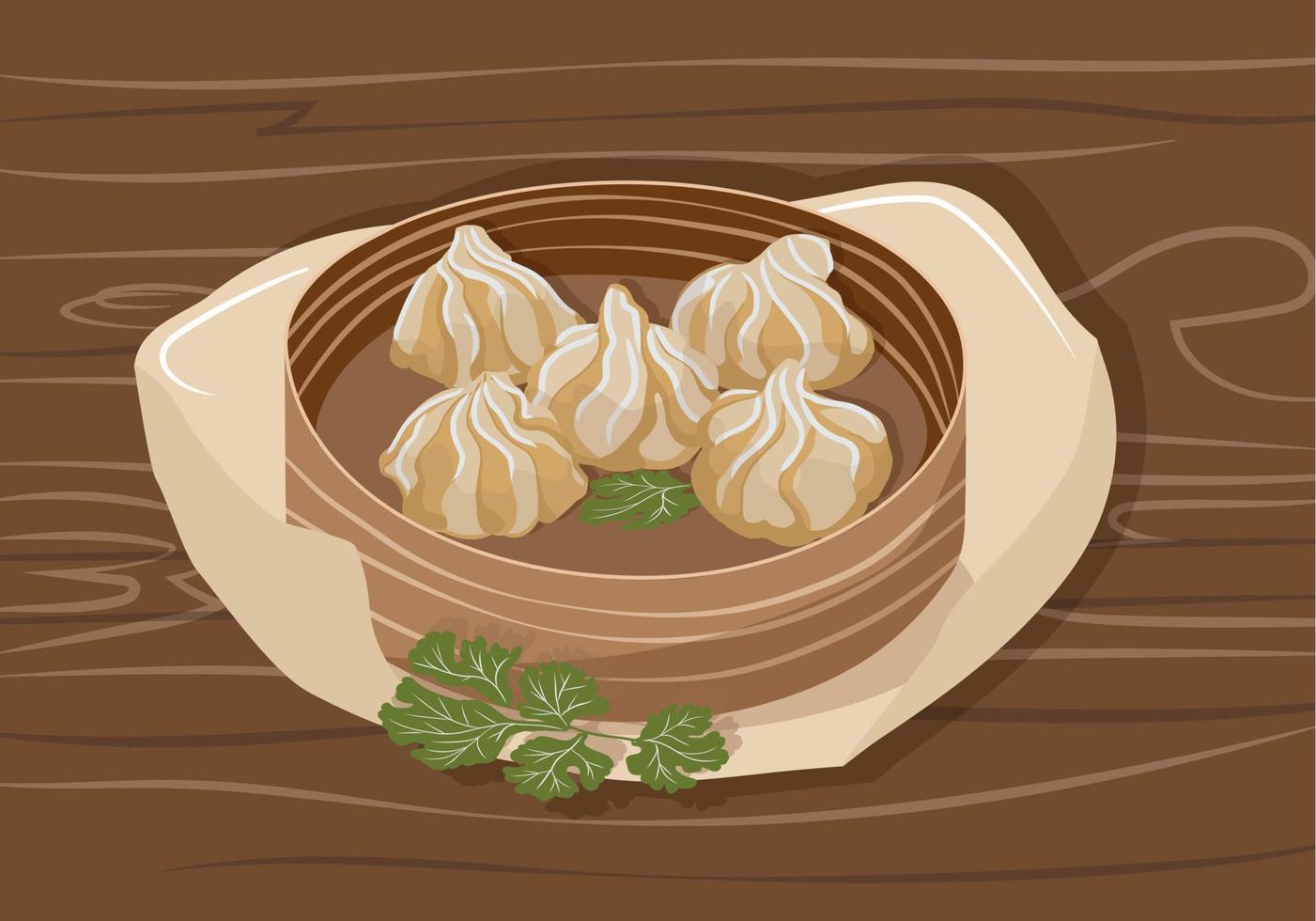 wontons en un plato de haya sobre una mesa de madera. comida tradicional china vector