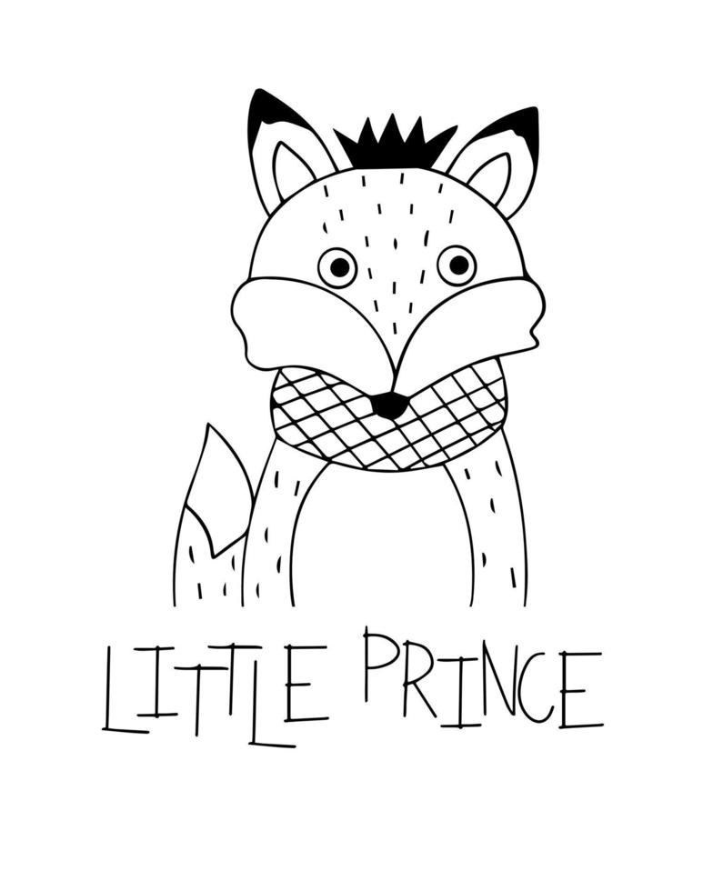 Graphic black and white poster with a cute little fox in a crown. Motivational lettering for the little prince vector