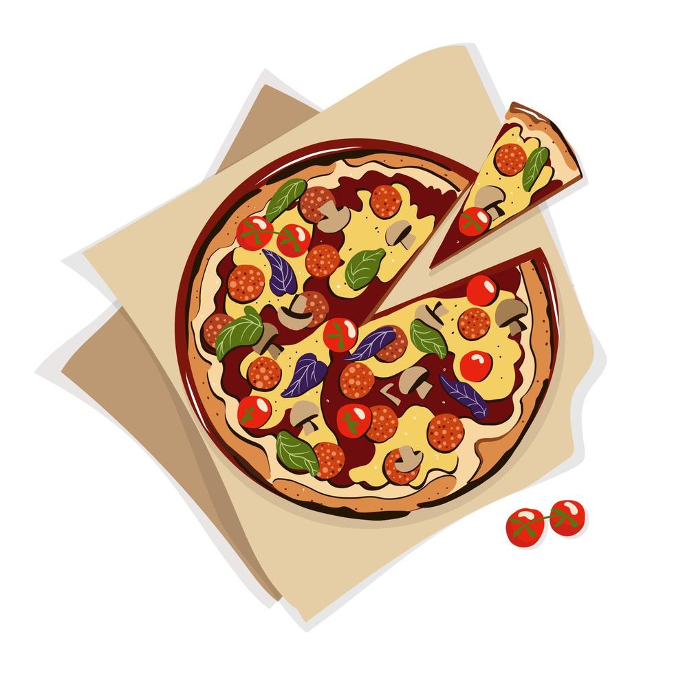 Italian pizza with salami, mushrooms, tomatoes, basil and cheese vector