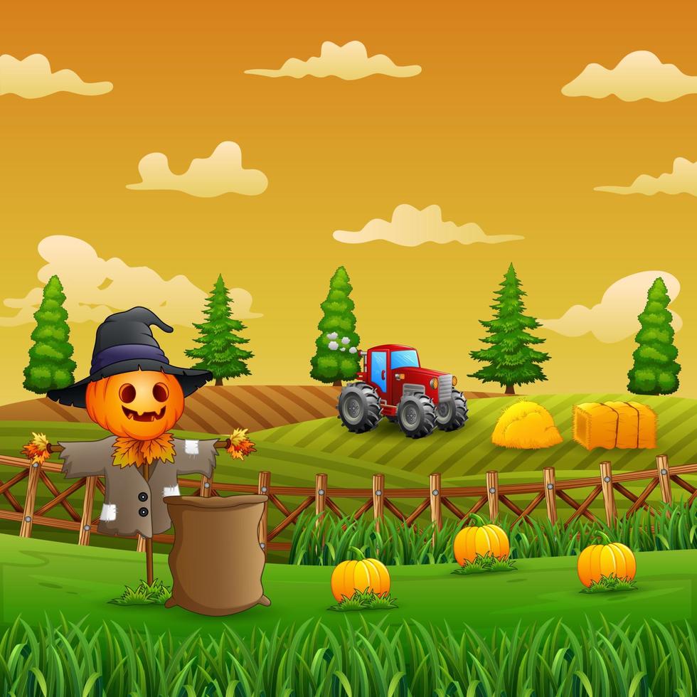 Illustration of the scarecrow in a farmland background vector
