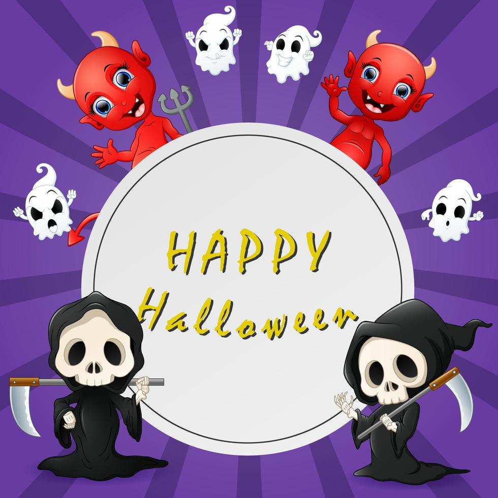 Happy Halloween text with grim reaper and red devil on the sign vector