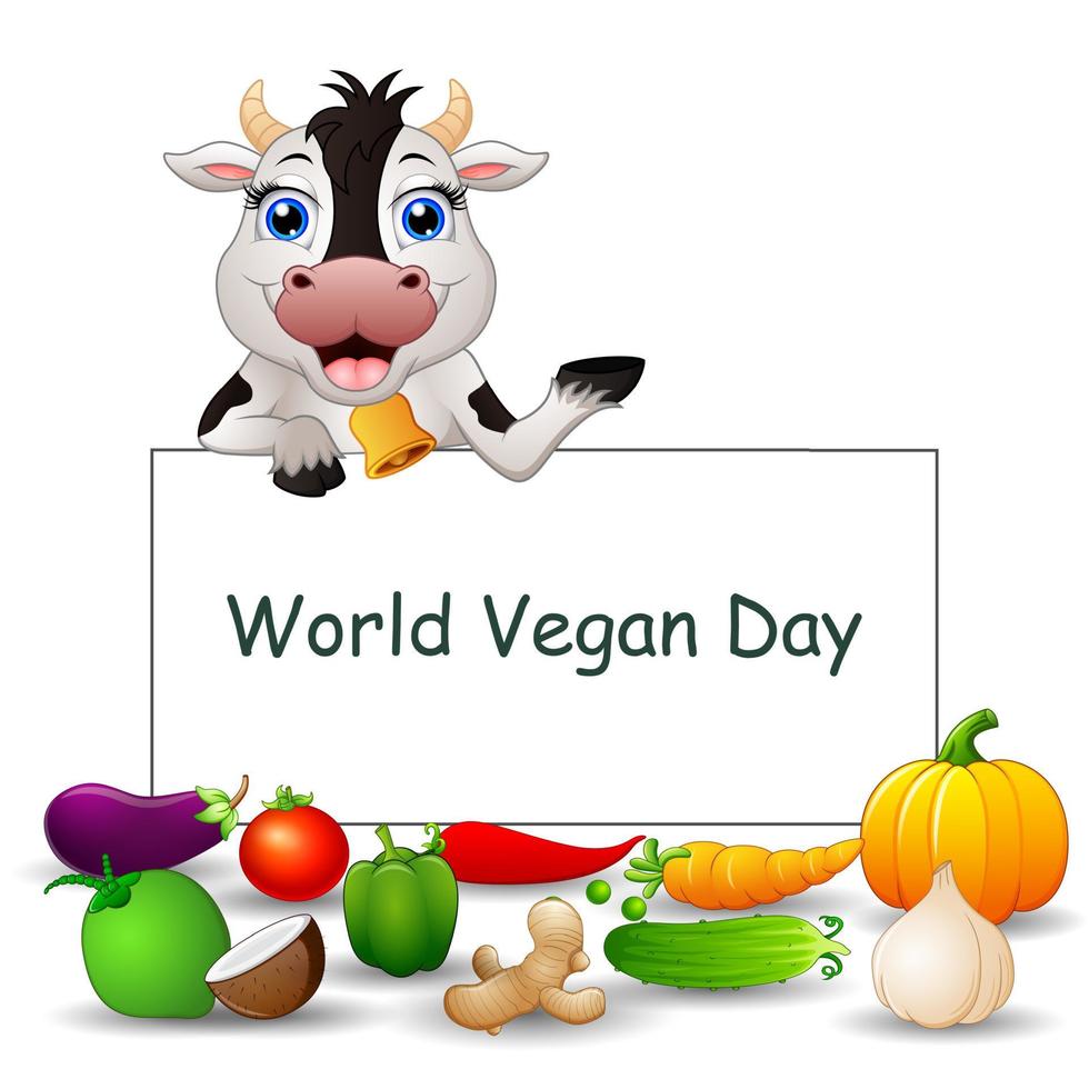 diseño de texto del día mundial vegano en cartel con verduras y una vaca vector