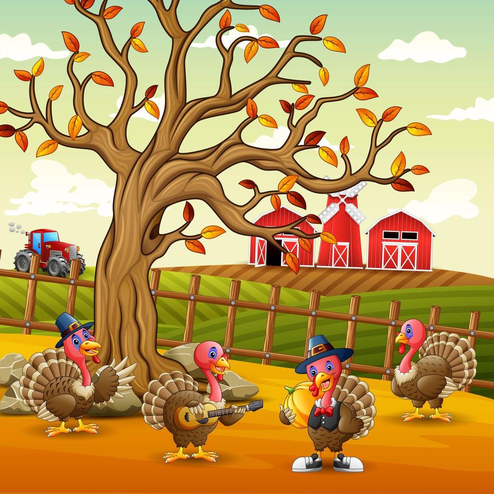 Illustration of turkeys inside the ranch fence vector