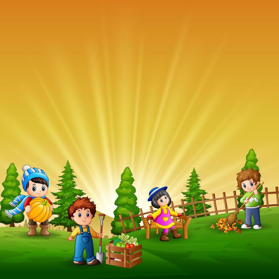Scene with many kids working at the farm vector
