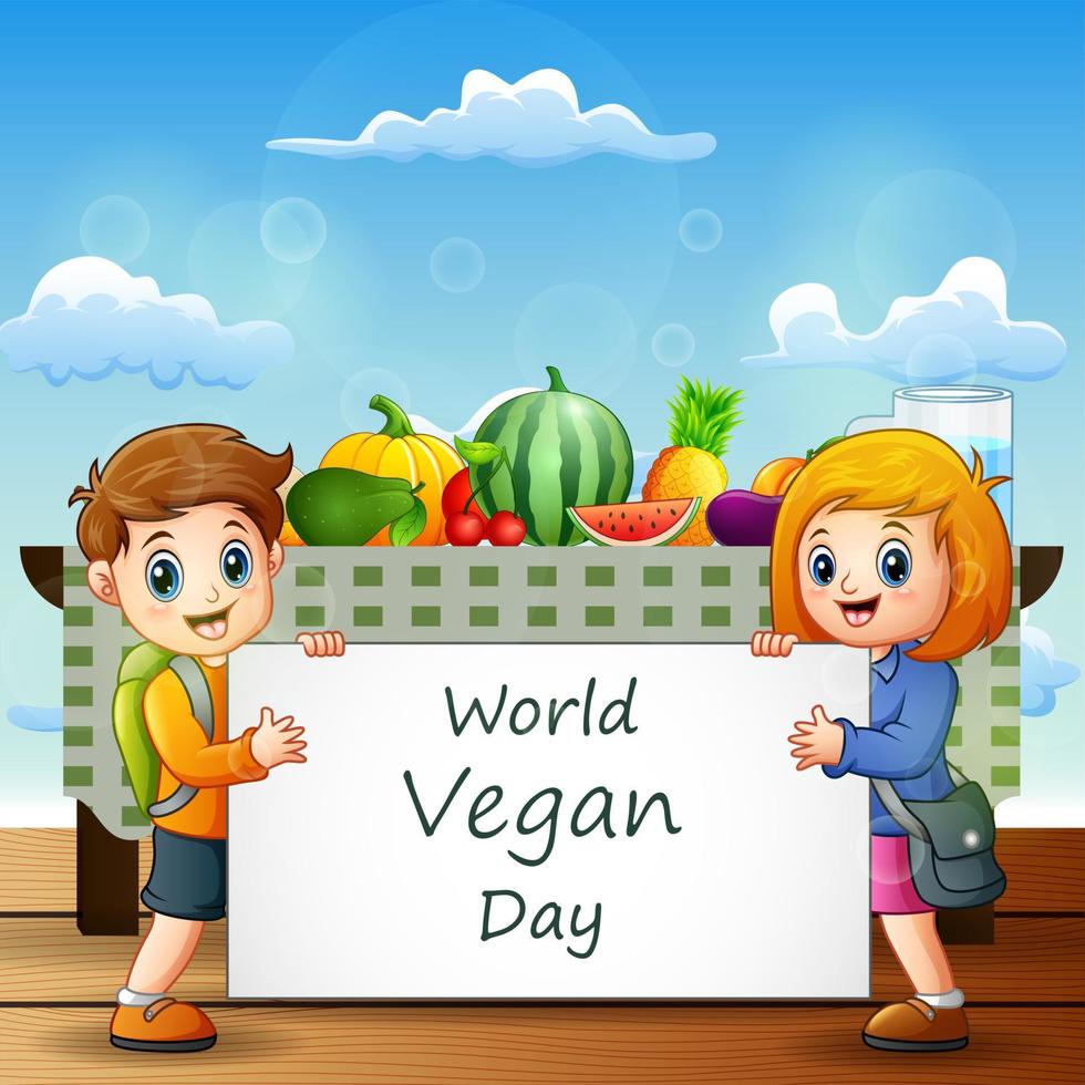Cartoon two kids holding a sign text of World Vegan Day vector