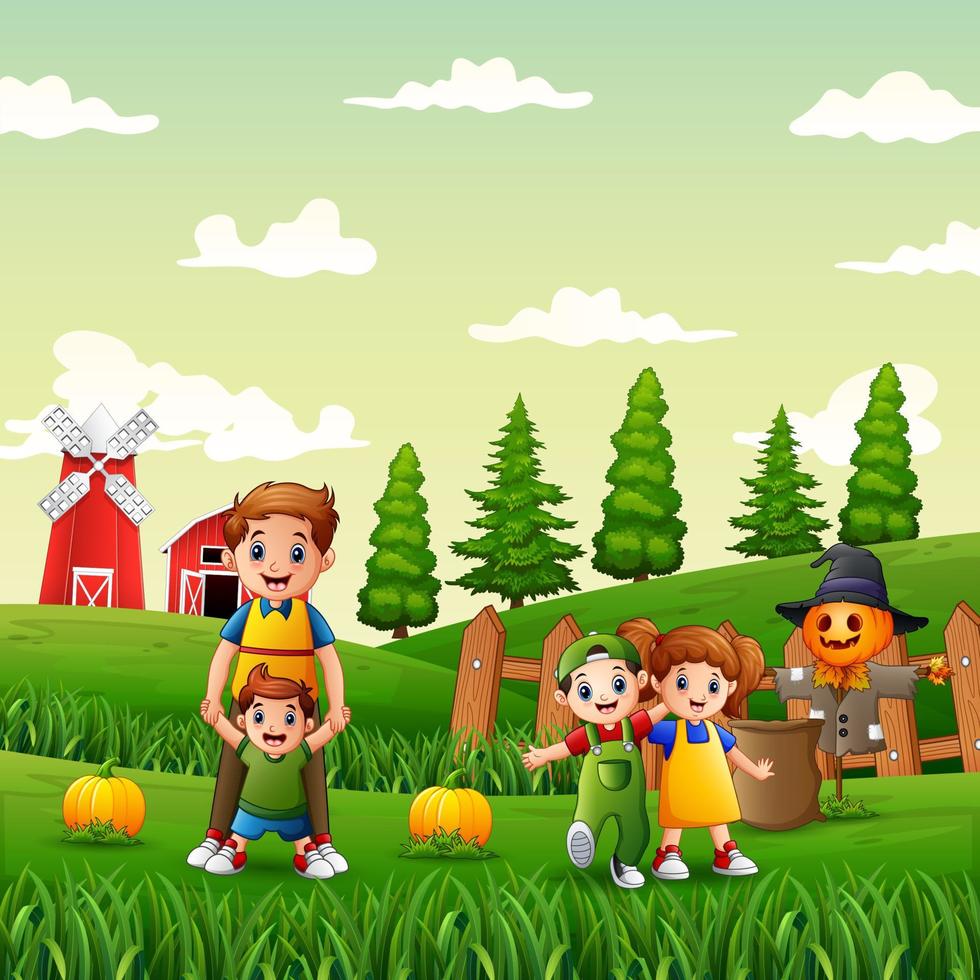 Happy family in the pumpkin garden vector