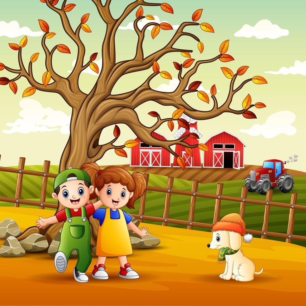 ilustración de niños jugando en la granja vector