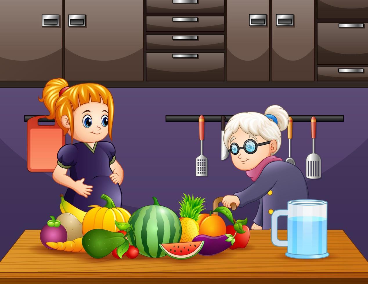 Old woman and a pregnant woman in the kitchen 6413014 Vector Art at Vecteezy
