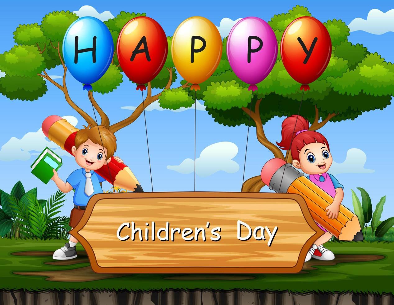 Happy children's day poster with school kids in the park vector