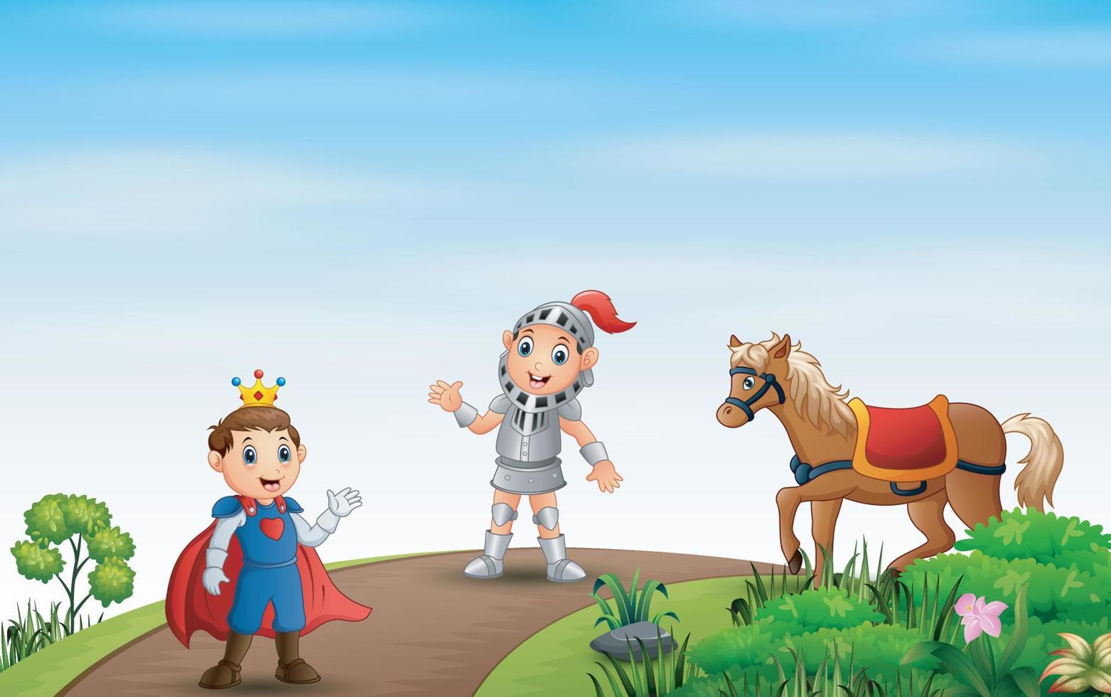 Illustration of a prince and knight walking on the road vector