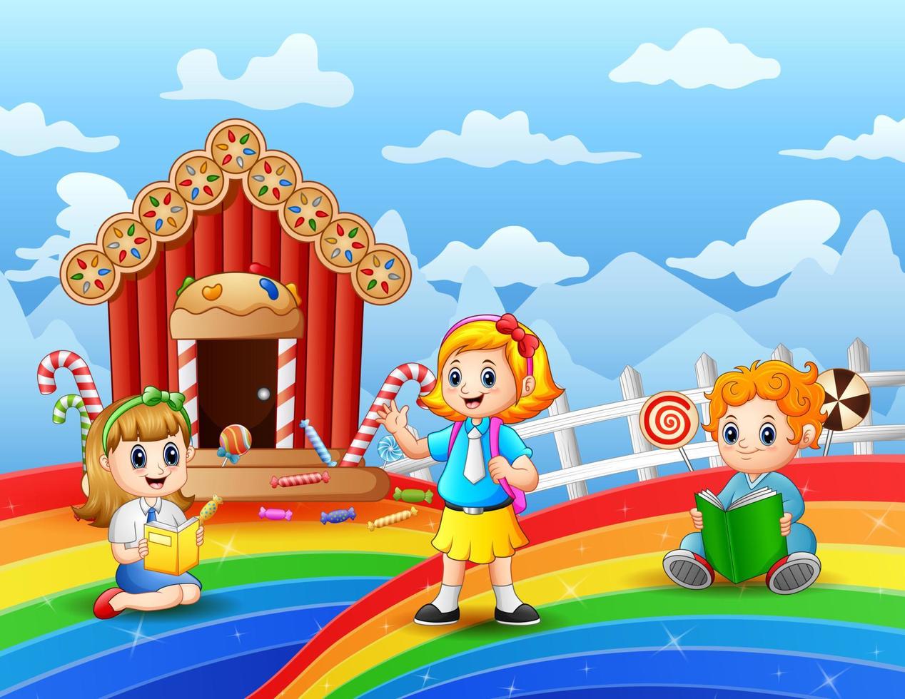 Happy kids learning in a candy land vector