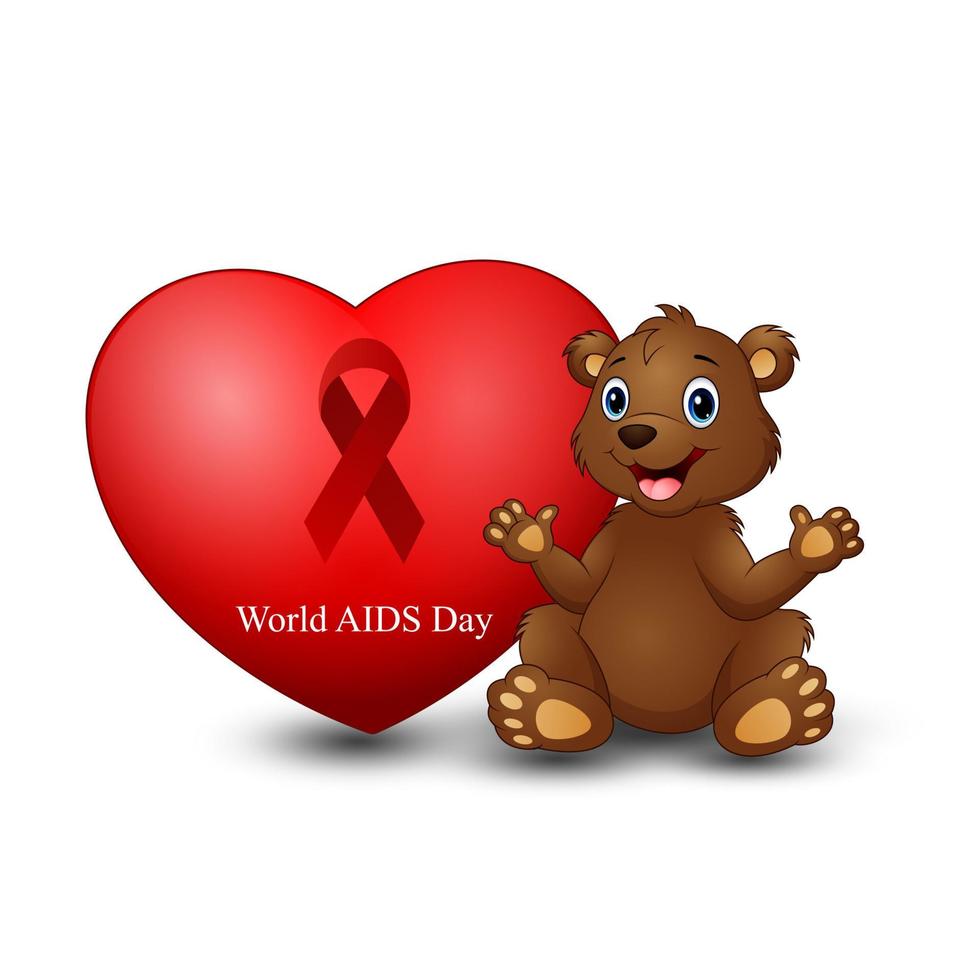 A bear sitting near heart with text World Aids Day and red ribbon vector