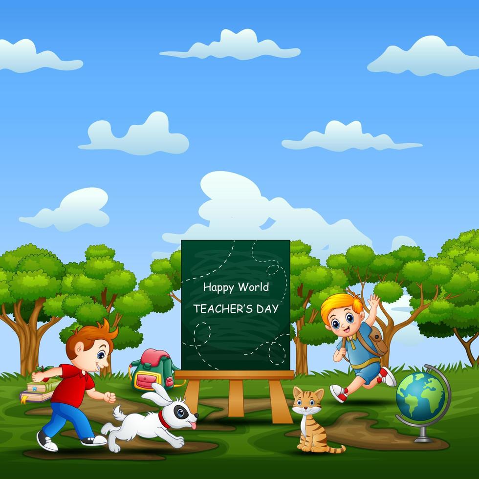 World Teachers Day with happy kids running on nature vector