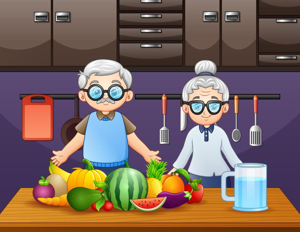 los abuelos felices se combinan con platos de muchos tipos de frutas vector