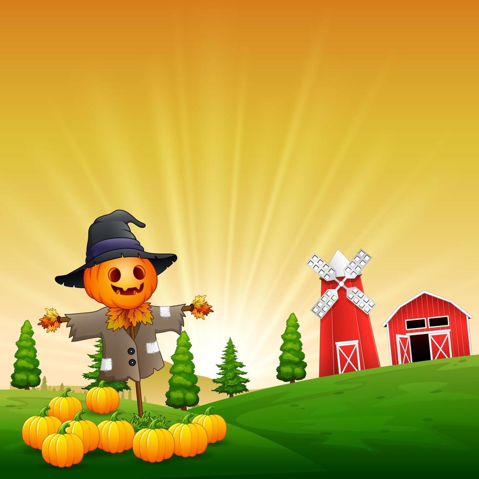 The funny scarecrow protects ripe pumpkins in a garden vector