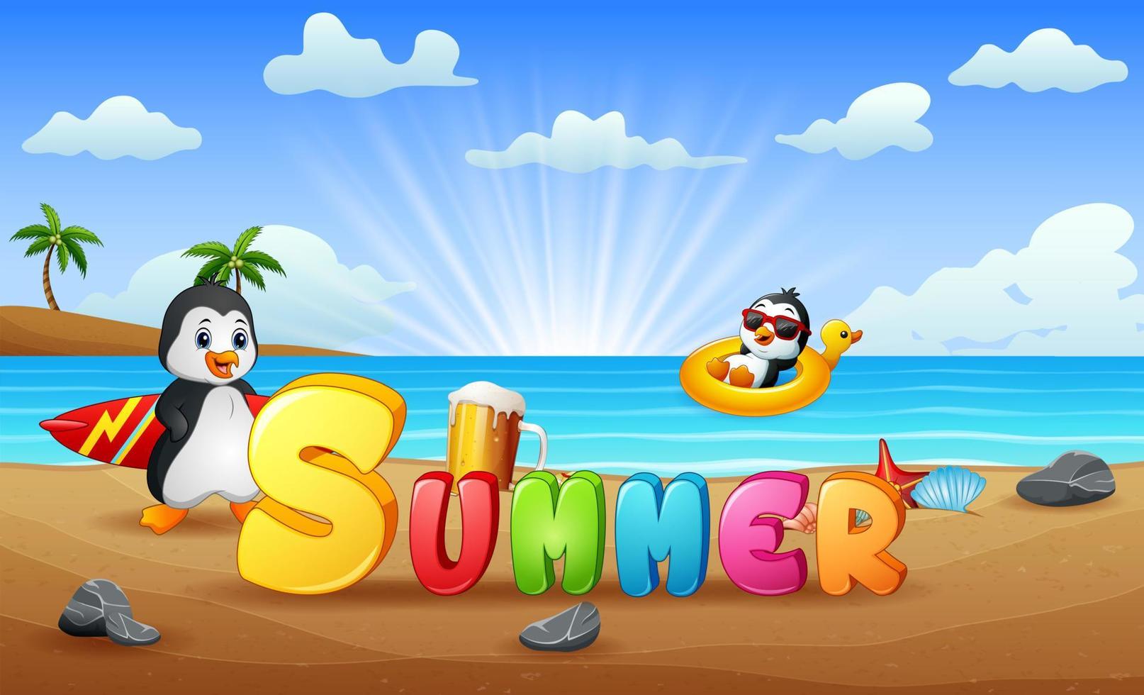 fondo de vacaciones de verano con pingüinos en la playa vector