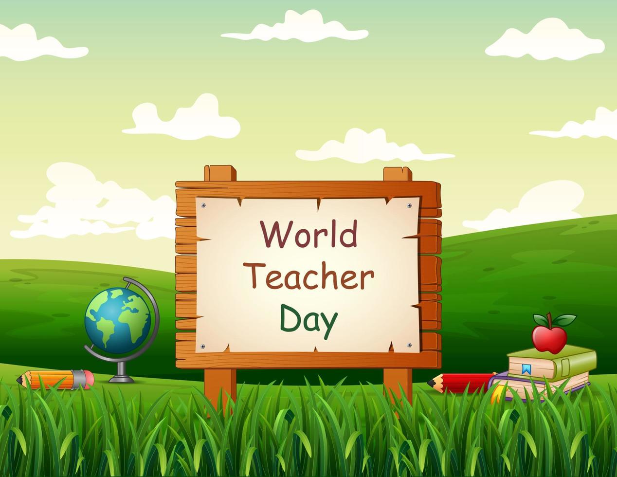 Happy Teachers Day sign with set of stationary elements at nature background vector