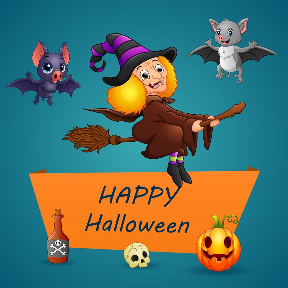 feliz texto de halloween con brujas voladoras y murciélagos vector