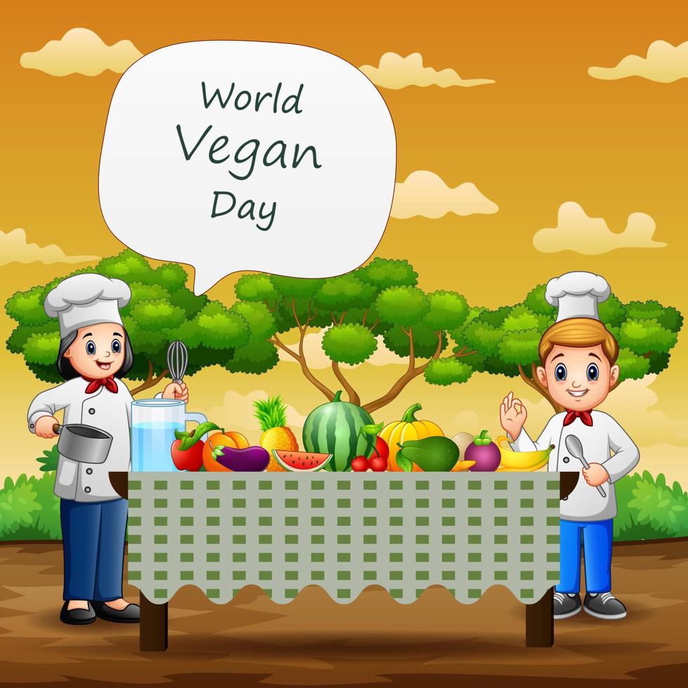 Happy two chef preparing healthy food for World Vegan Day vector