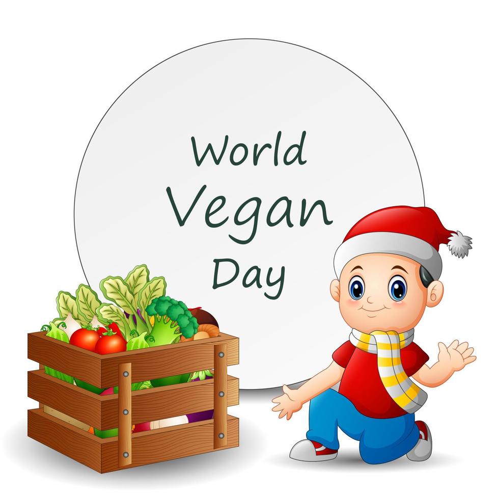 World Vegan Day template design with boy and vegetables vector