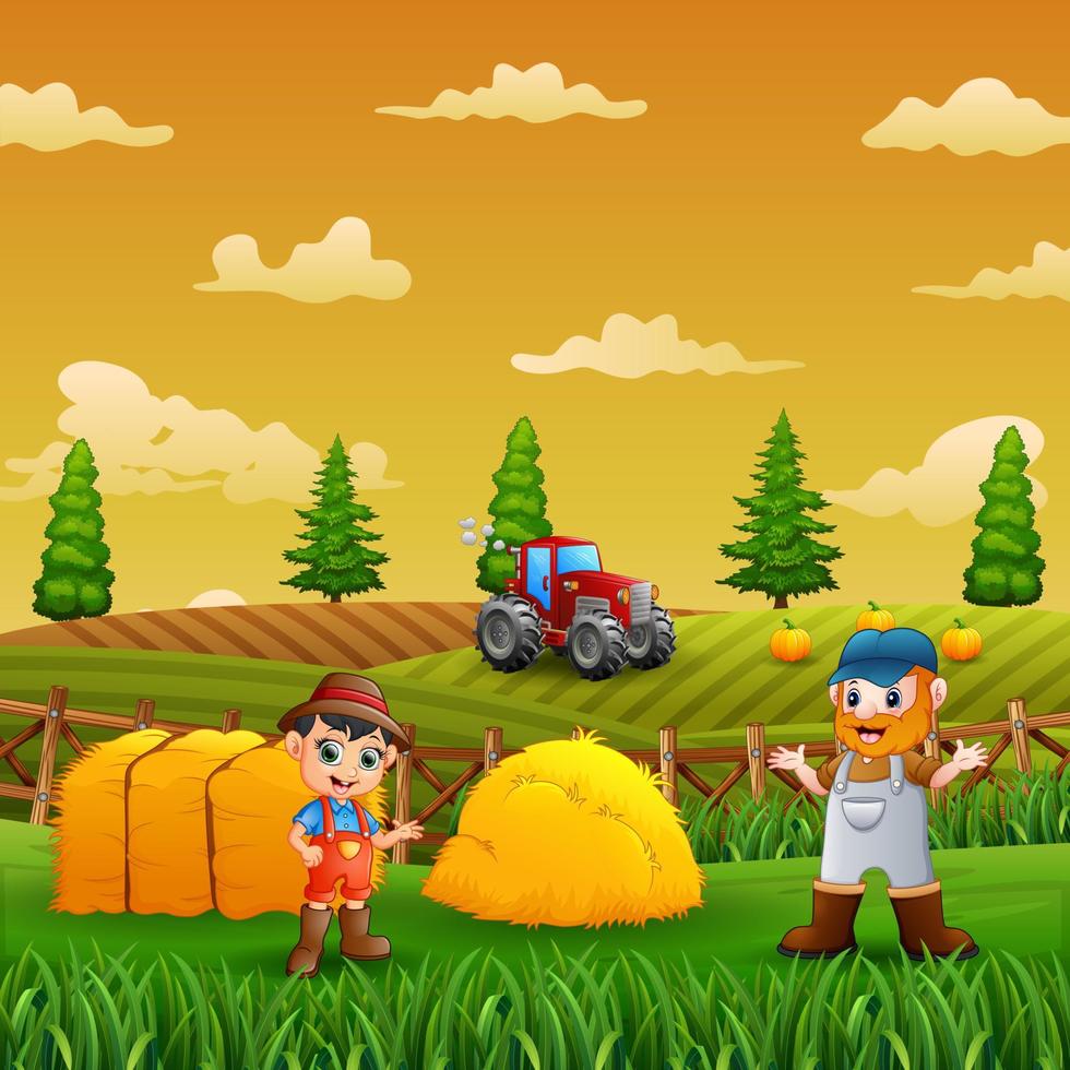 Illustration of young farmer working in a farmland vector