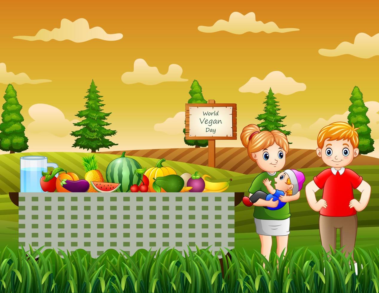 Happy family with fresh fruits at the garden illustration vector