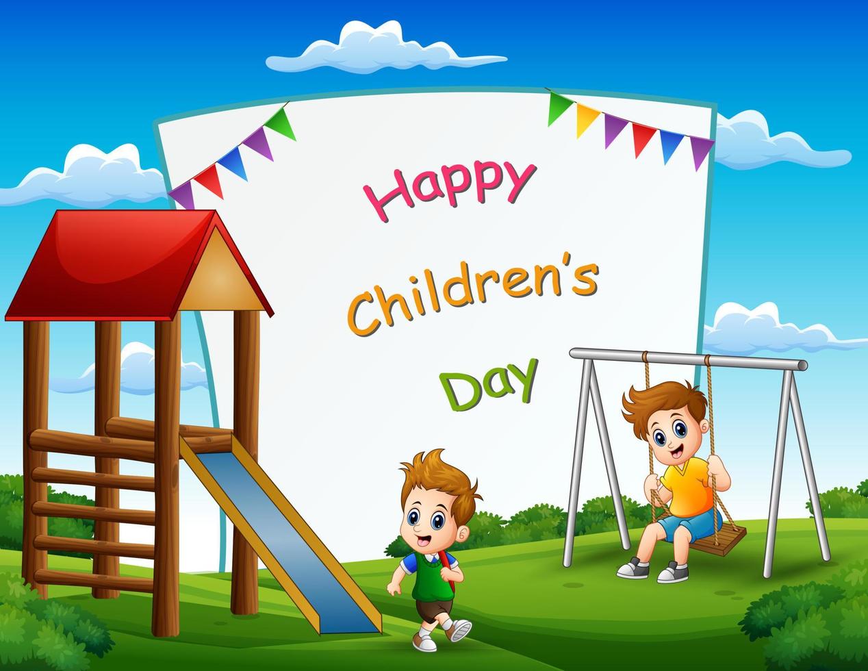 Happy children's day poster with kids playing in the park vector