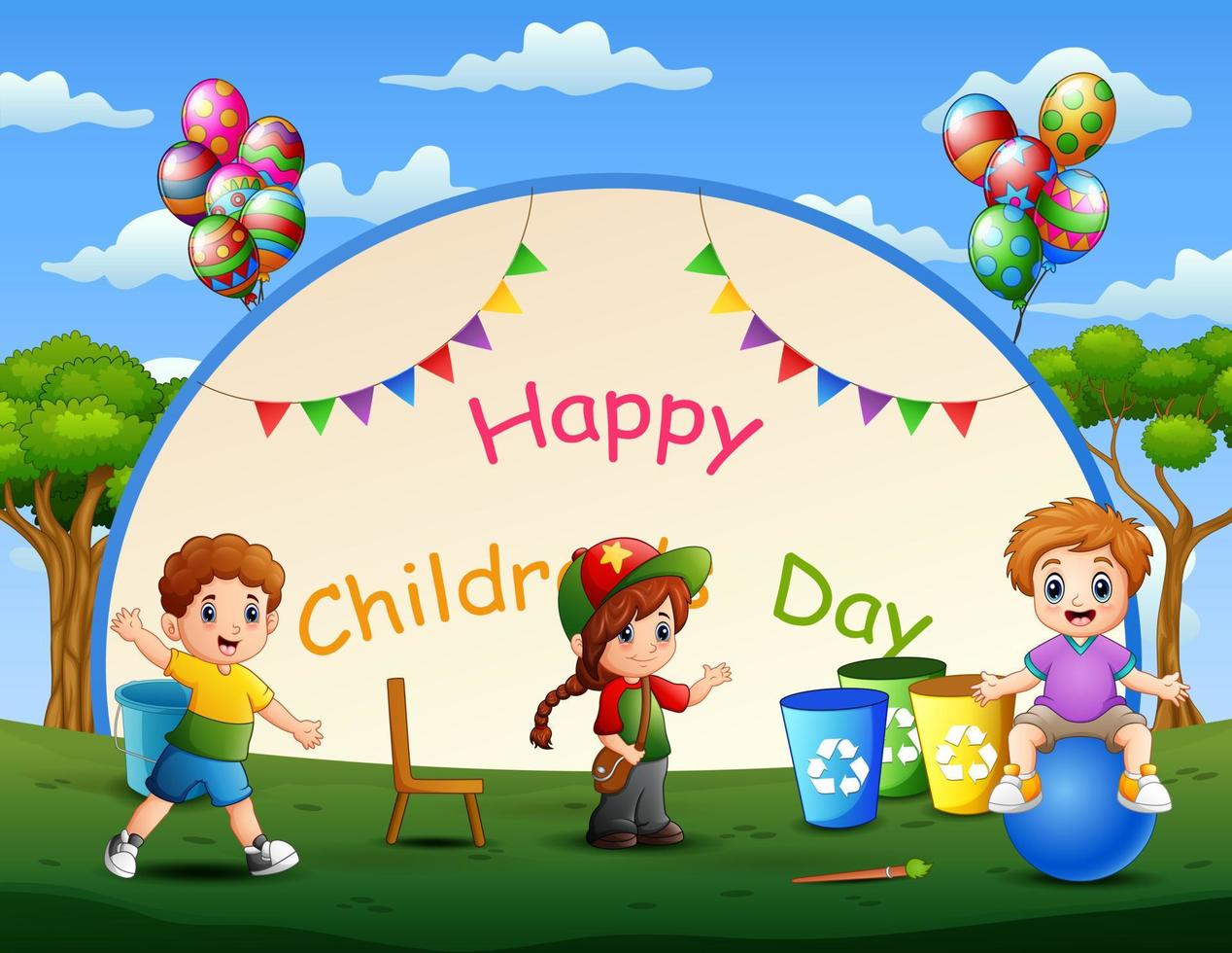 Children's day background poster with happy kids playing vector