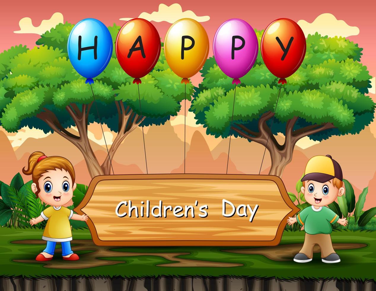 Happy children's day poster with kids standing vector