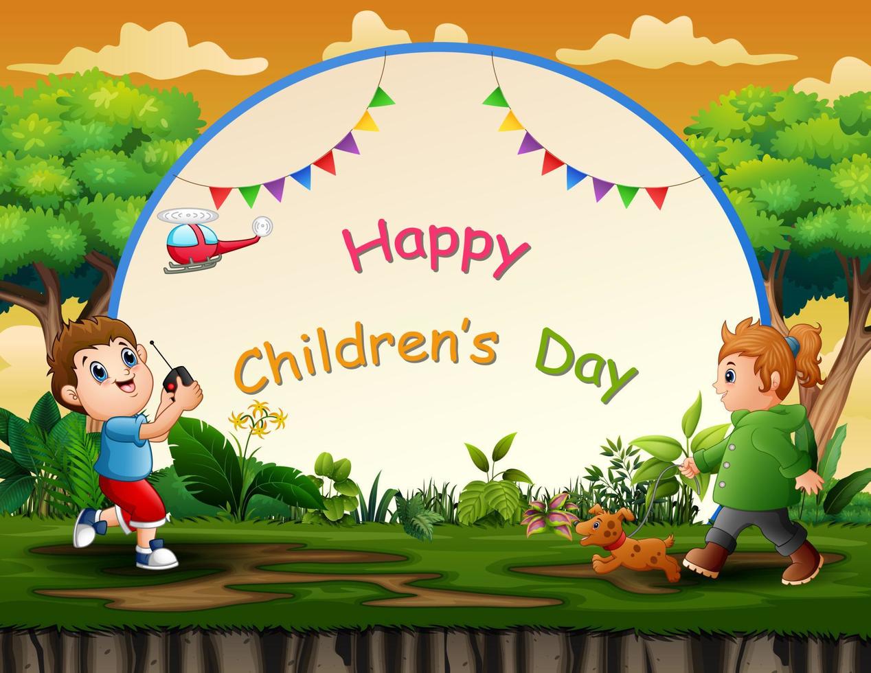 Happy children's day background with kids playing at park vector