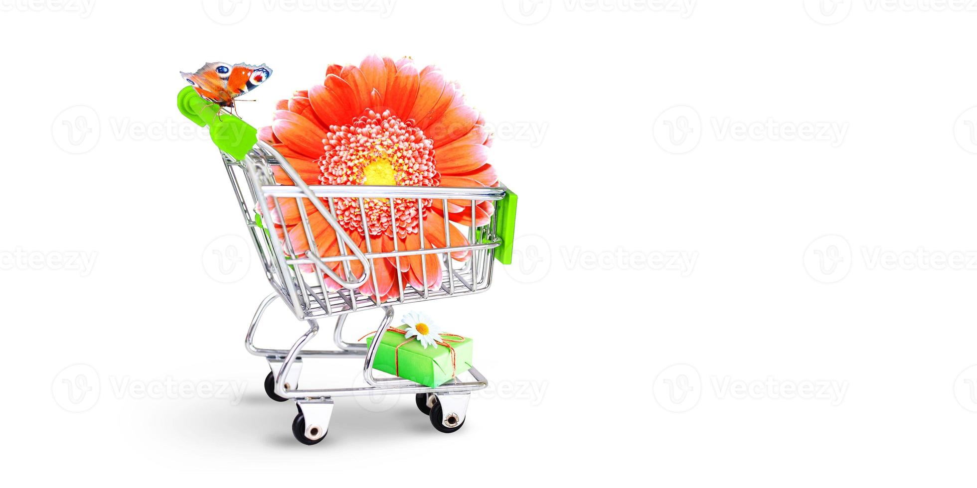 Mini shopping cart with colorful flowers and butterflies. photo
