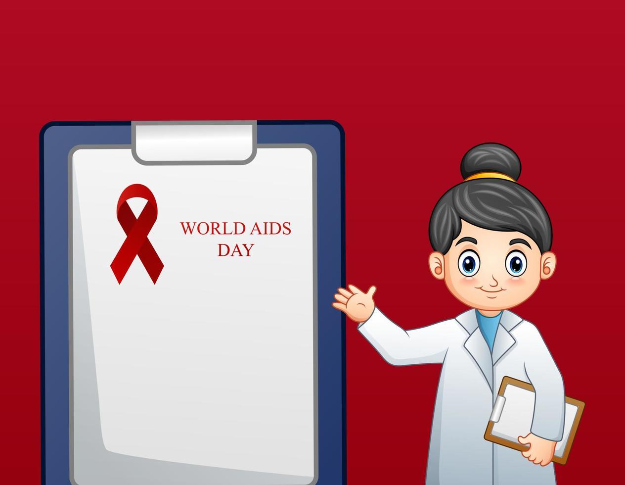 un médico que presenta un portapapeles con texto día mundial del sida y cinta roja vector