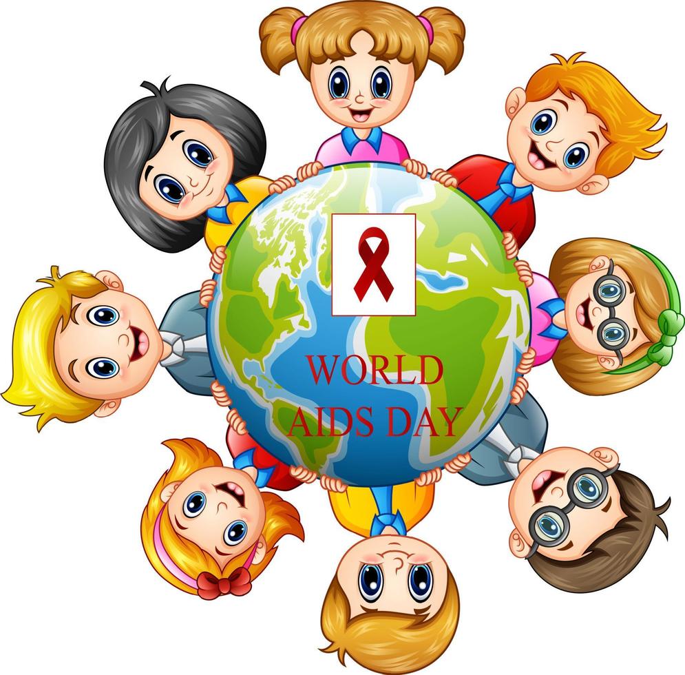 World Aids Day concept with happy kids holding around a globe vector