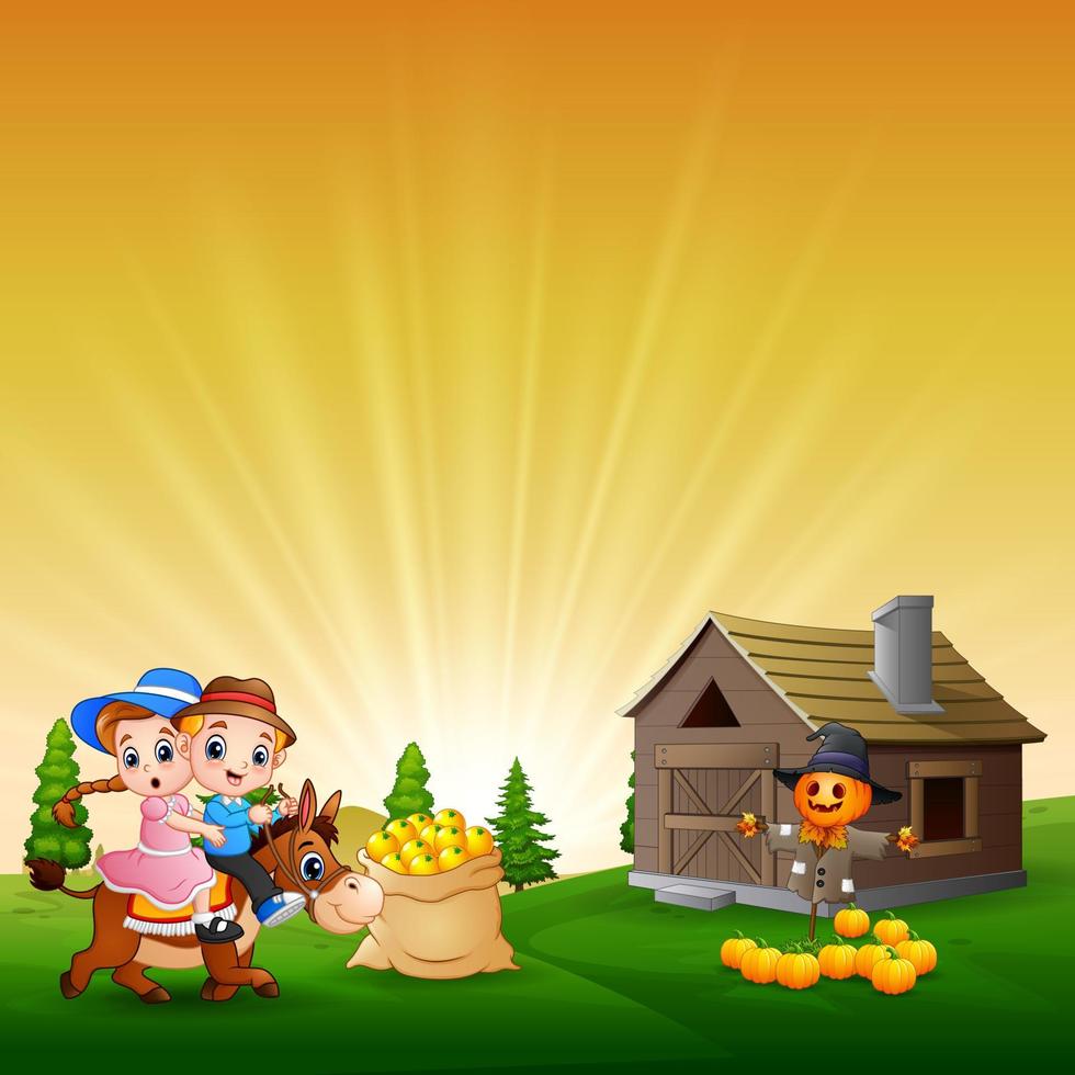 Illustration of the two kids playing at the farm vector