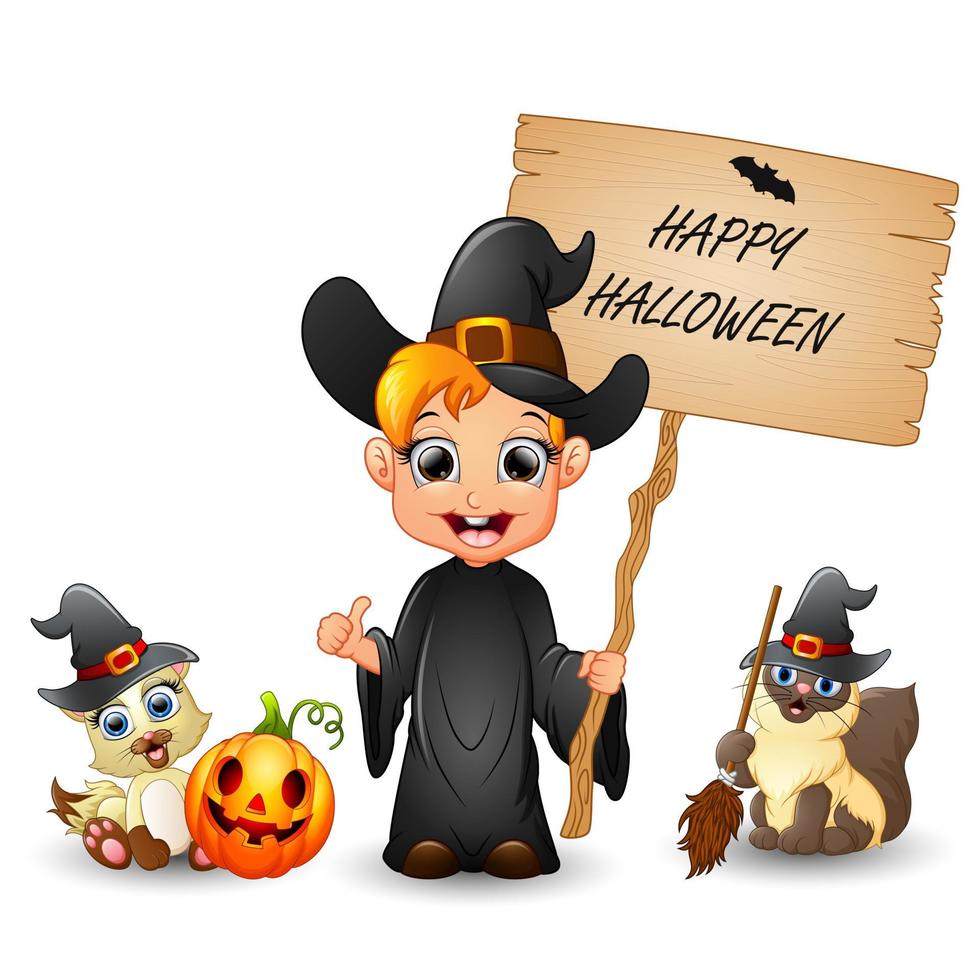 Happy Halloween with little witch holding a wooden sign letter vector