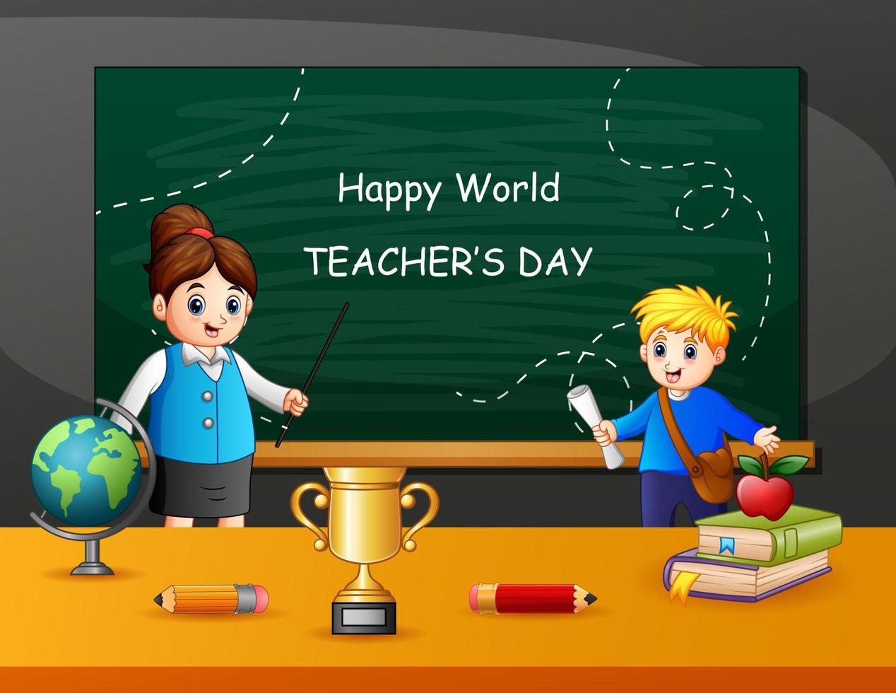 Happy Teacher's Day text on chalkboard with kids and teacher vector