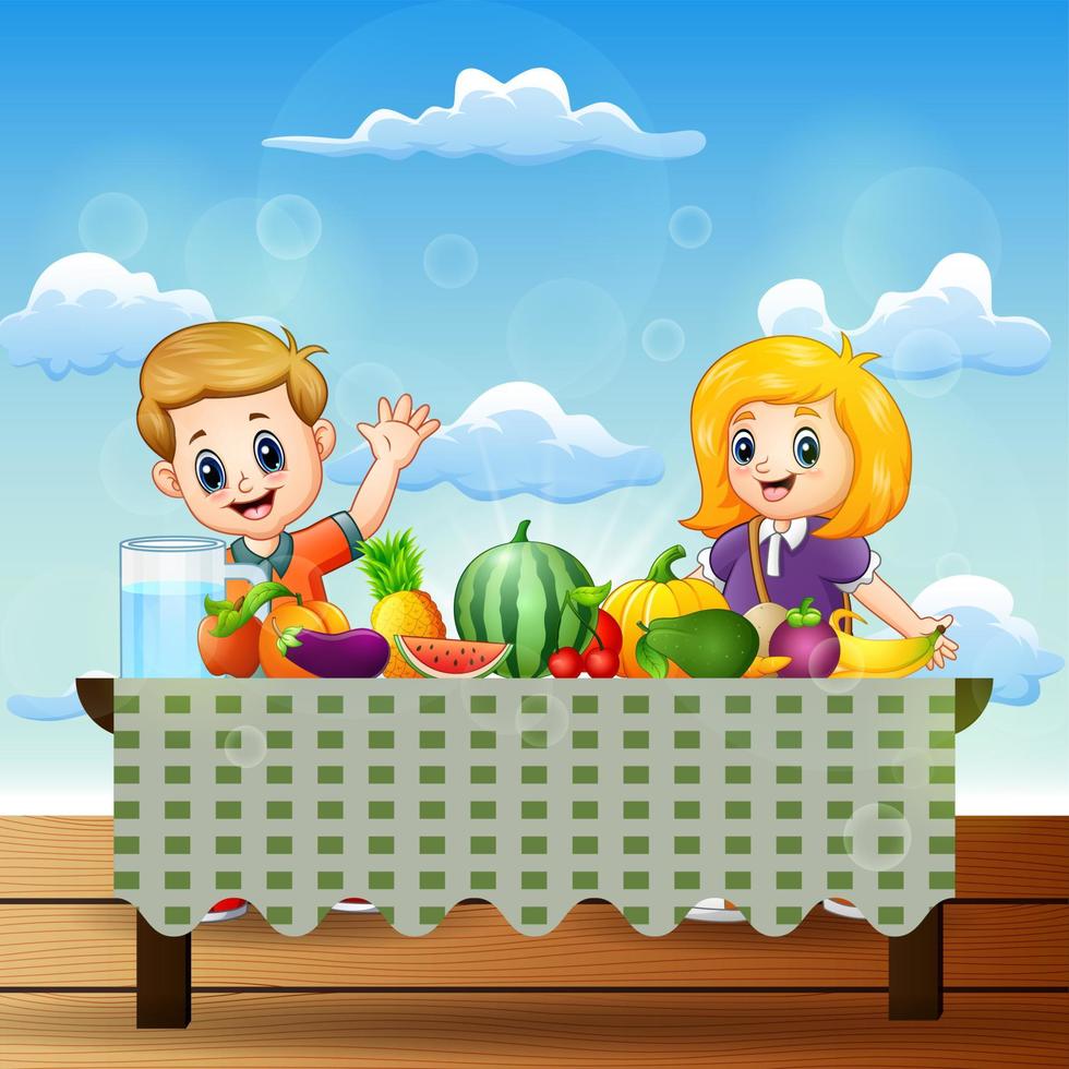 Happy two children with dishes of many kinds of fruits vector