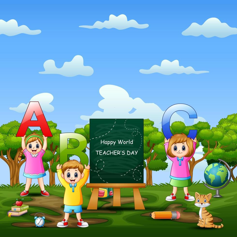 Happy World Teacher day on sign with kids holding ABC letter vector