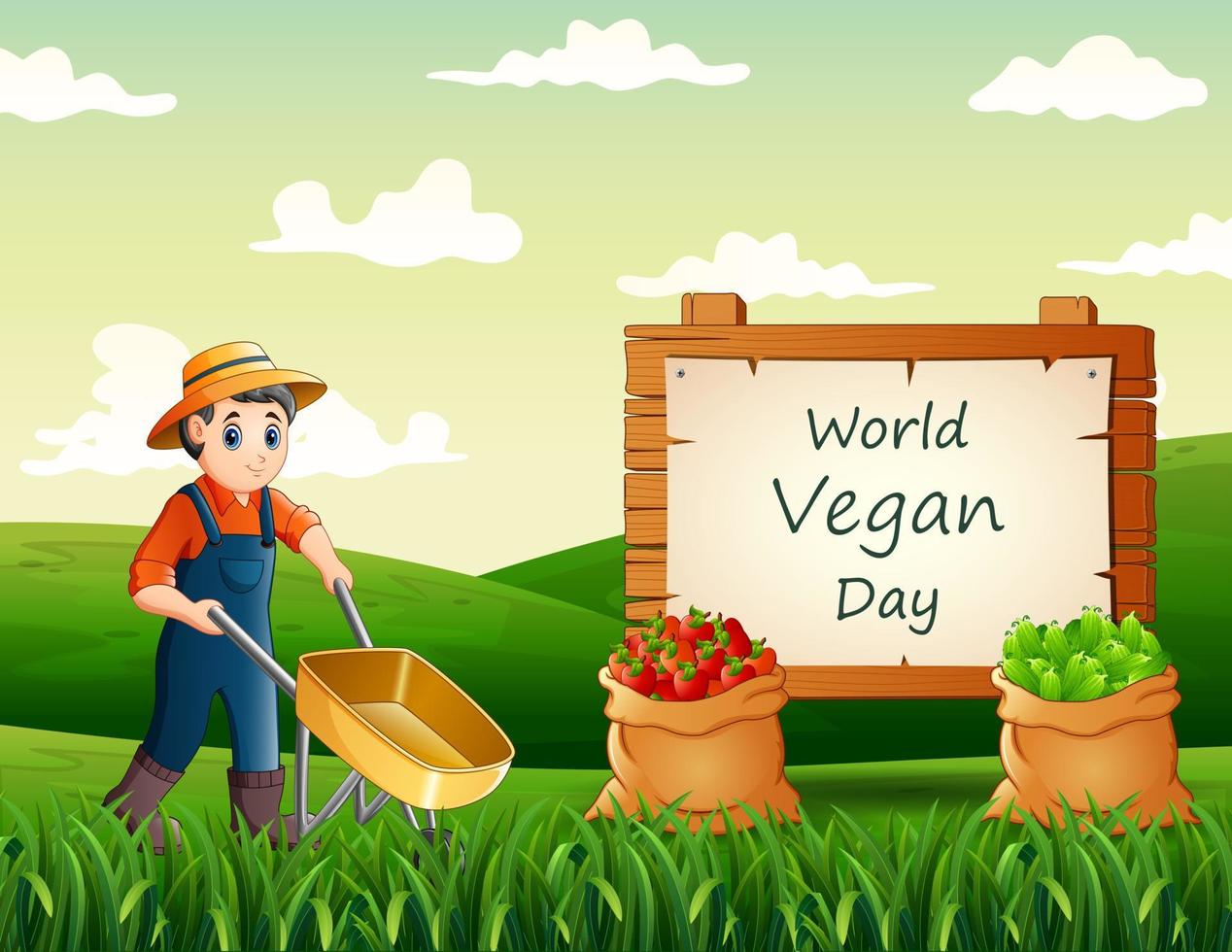 feliz día mundial vegano con un joven agricultor vector