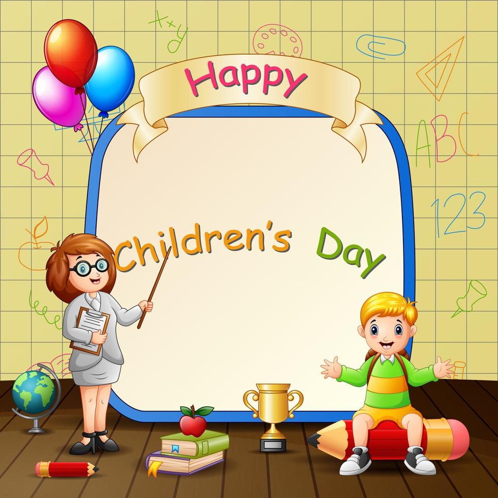 Happy Children's Day template with teacher and boy vector
