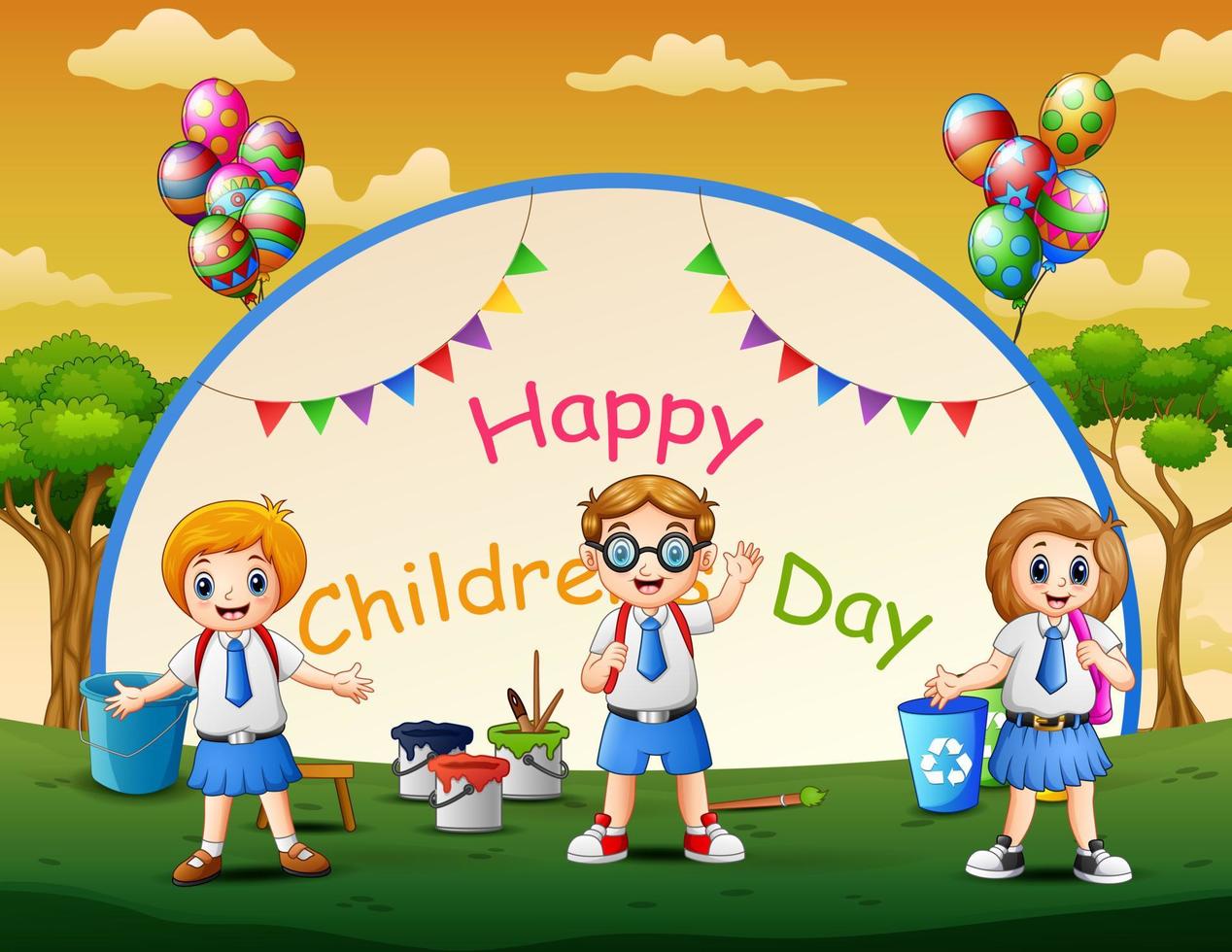 Happy children's day poster with students in the park vector