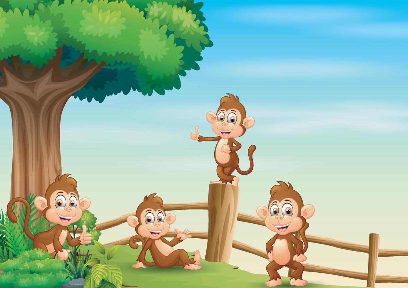 A group of monkeys inside the wooden fence vector