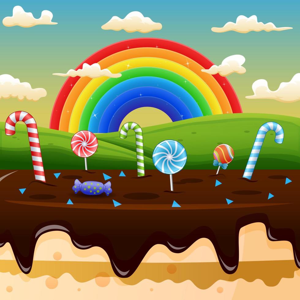 escena con tierra de dulces y arco iris sobre un fondo de prados vector