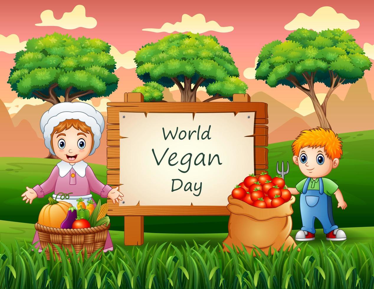 World Vegan Day on sign with vegetables and young farmers vector