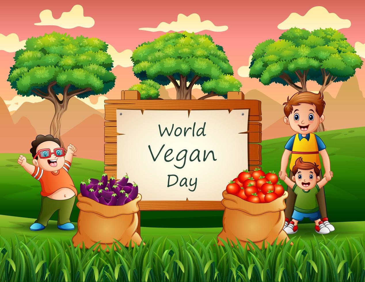 World Vegan Day on sign with happy boys in the garden vector