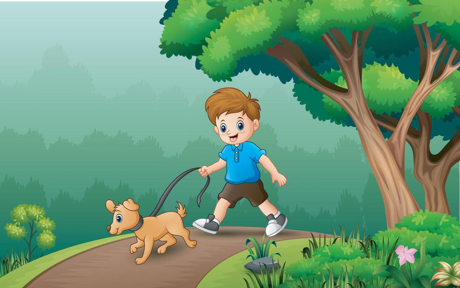 niño caminando con su perro ilustración vector