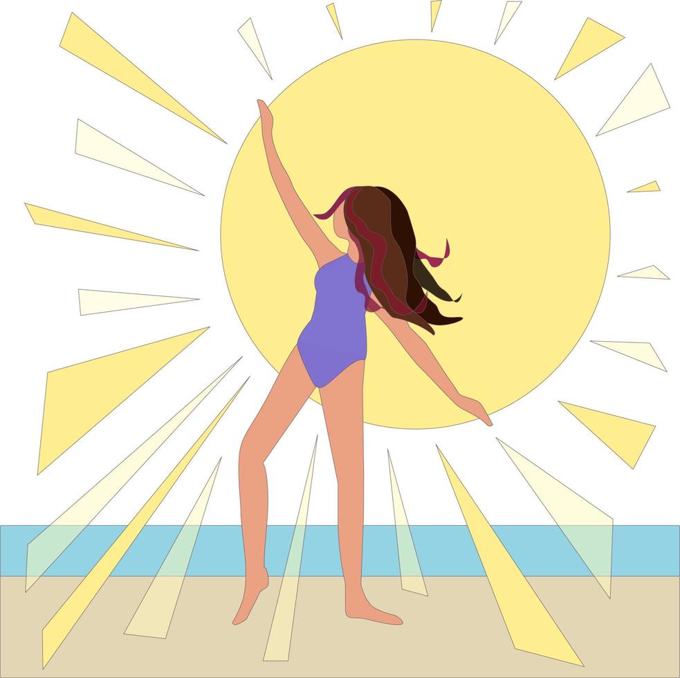 la joven se divierte en la playa con el telón de fondo del sol y el océano, vacaciones en el mar, viajes, ilustración vectorial vector