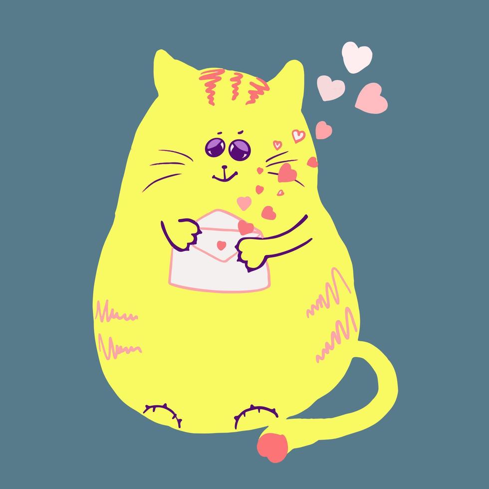 cute drawn domestic cat in cartoon style reads a letter with a declaration of love, vector illustration