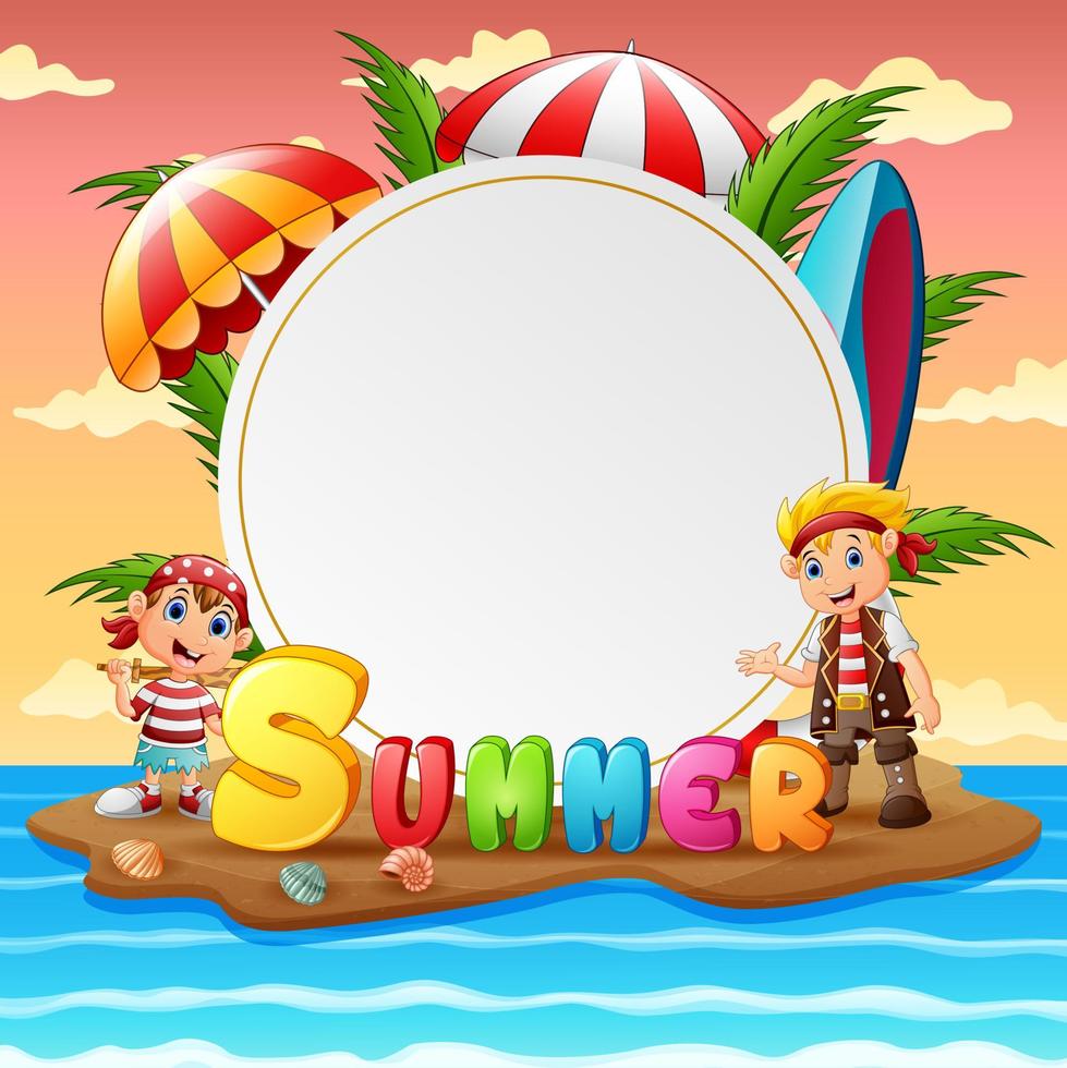 Summer tropical beach with happy pirate kids vector
